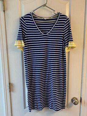 Boden Blue Striped V-Neck Dress with Yellow Striped Ruffle Sleeves sz 8